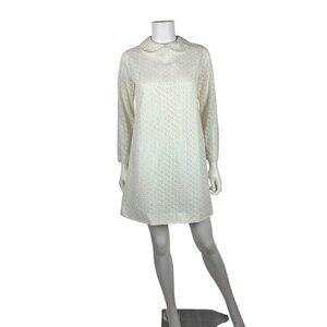 Vintage 60s Lace Dress Womens Small Peter Pan Collar Long Sleeve White Shift